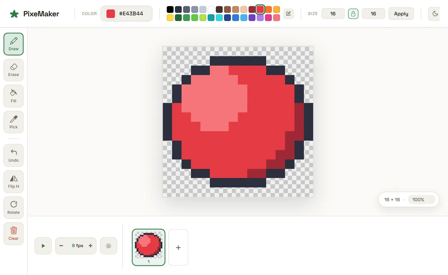 The PixeMaker editor: drawing tools down the left, the color palette across the top, the canvas in the middle and the frame strip along the bottom.