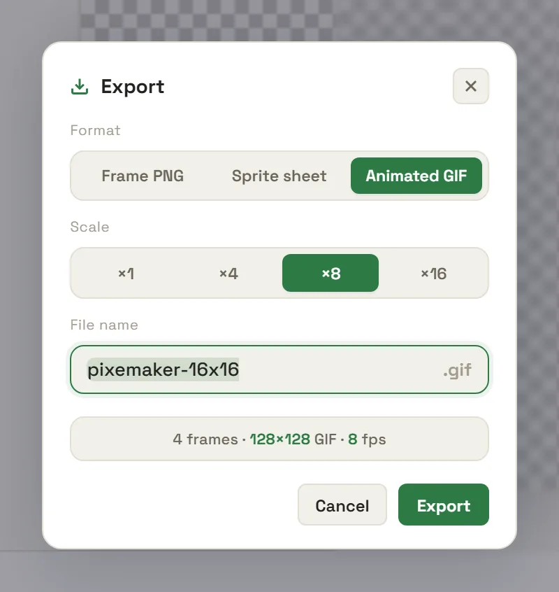 The PixeMaker export dialog with Animated GIF selected, showing a four-frame GIF at 8 frames per second.