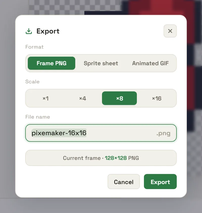 The PixeMaker export dialog with Frame PNG selected and the scale set to 8x.