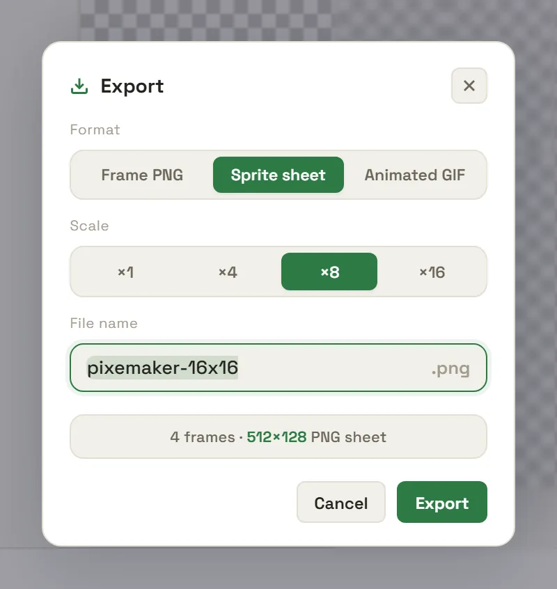 The PixeMaker export dialog with Sprite sheet selected, showing a four-frame 512x128 PNG sheet.