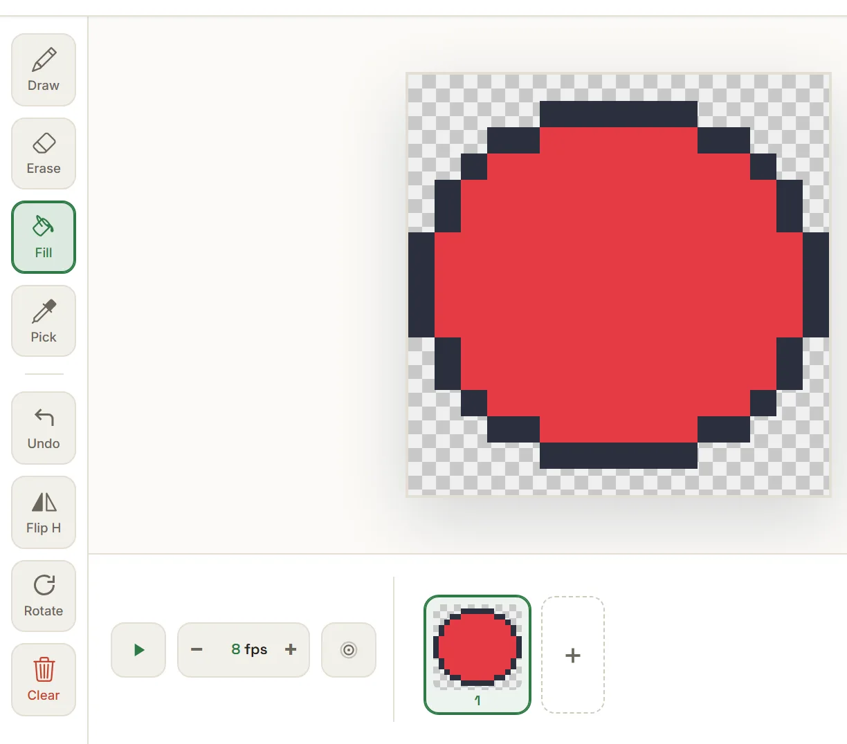 The Fill tool highlighted in the PixeMaker tool rail, with the outlined shape on the canvas flooded with a flat base color.