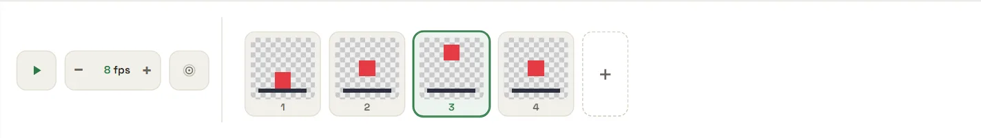 The PixeMaker frame strip with four frames of a simple animation, the third selected, beside the play button and the frames-per-second control.