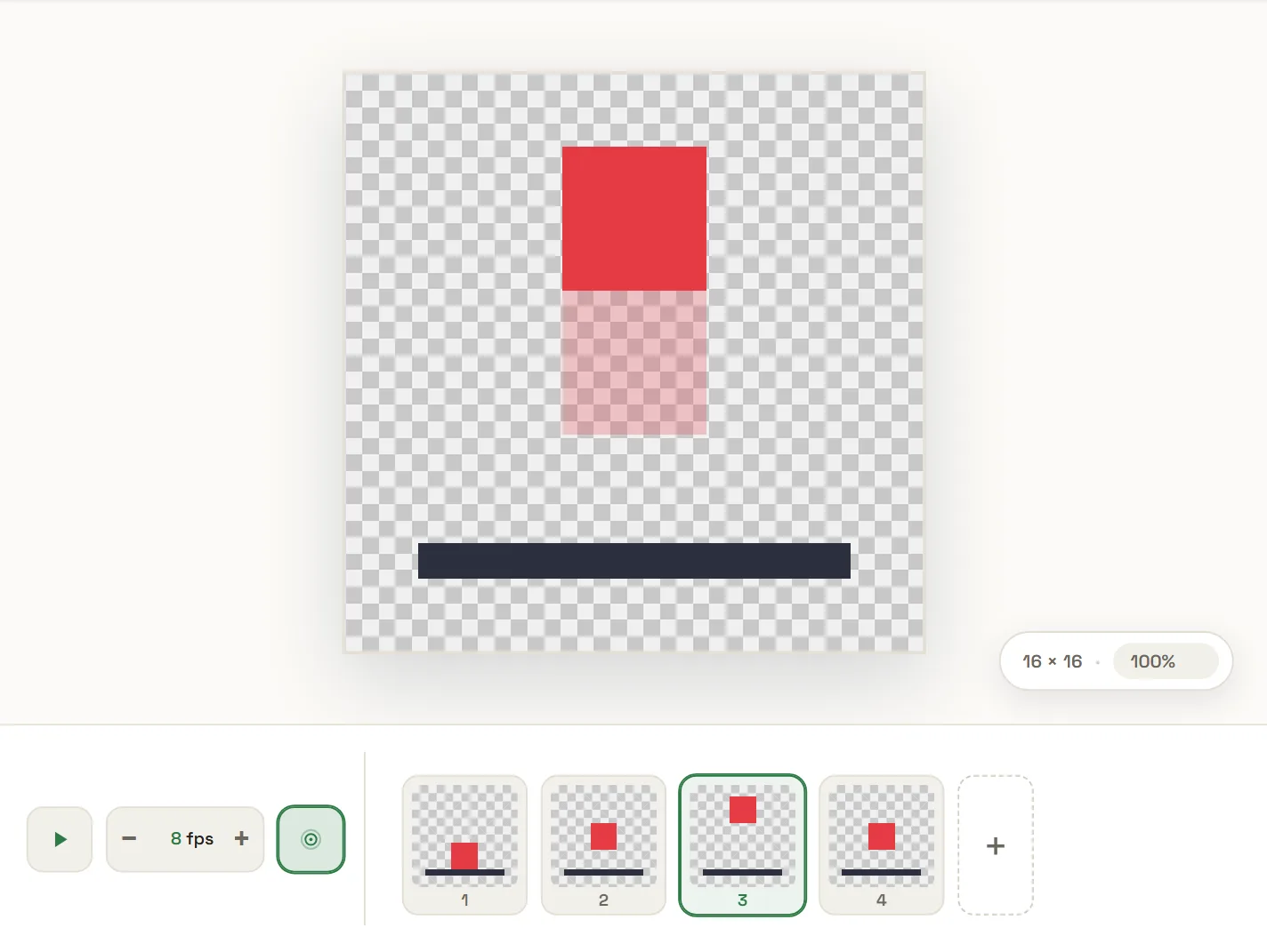 The PixeMaker canvas with onion skinning switched on: the previous frame shows as a faint ghost beneath the current one, with the frame strip below.