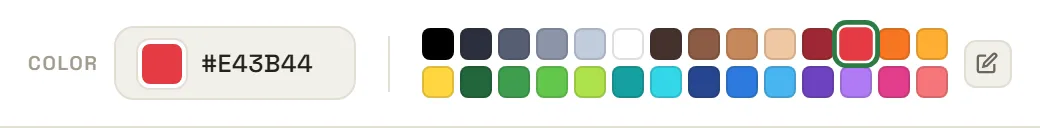 The PixeMaker color bar, showing the current color and its hex code next to a grid of 28 palette swatches.